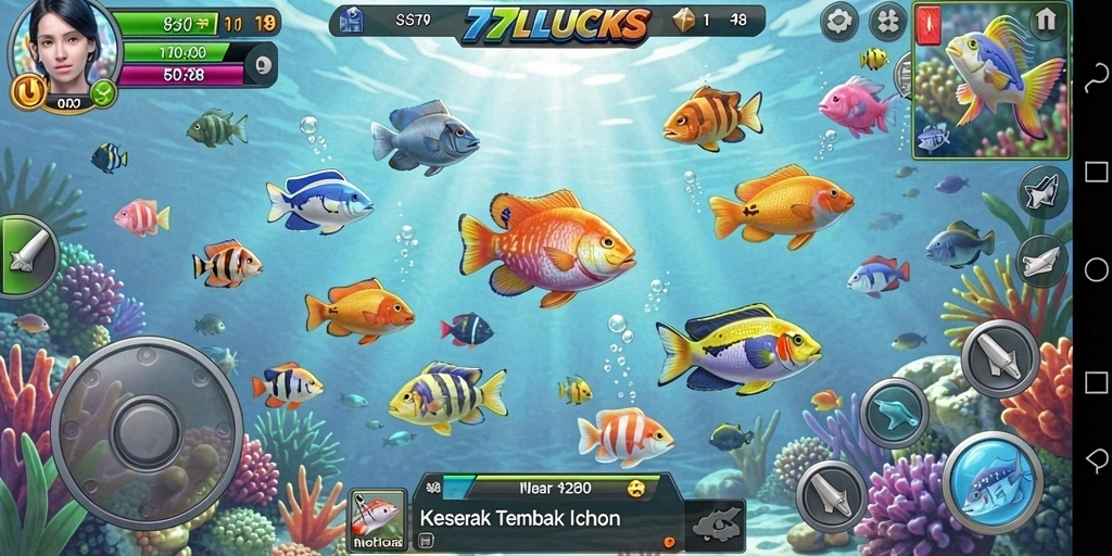 Tampilan aksi seru gameplay Tembak Ikan di 77LUCKS.