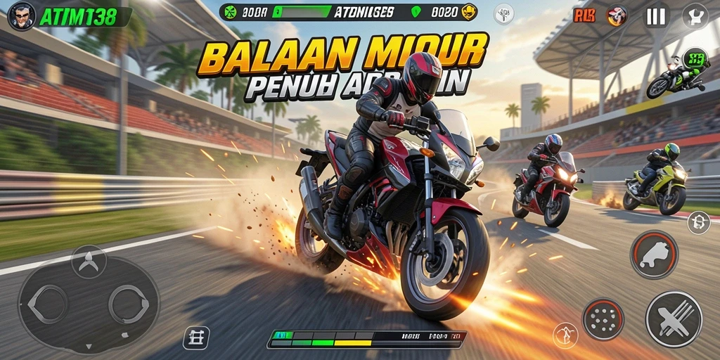 Tangkapan layar menunjukkan aksi balapan motor yang seru dan realistik.