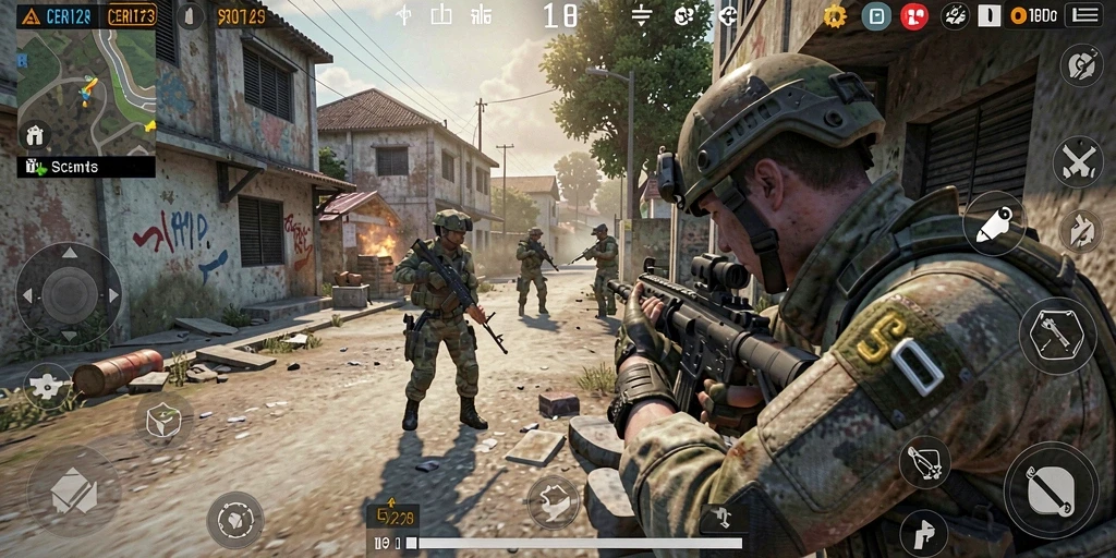 Screenshot dari gameplay CERI123 yang intens dengan elemen FPS.