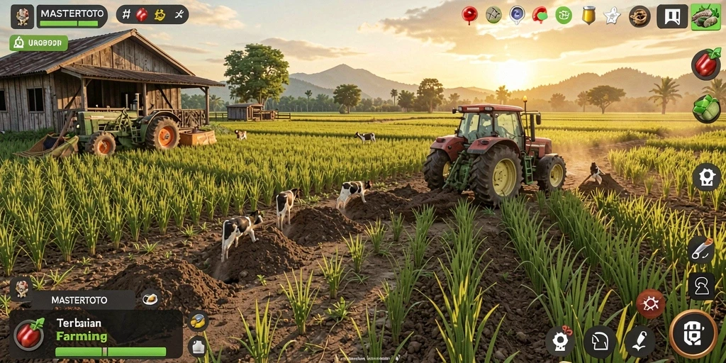 Screenshot MASTERTOTO menunjukkan kebun yang indah dan interaktif.