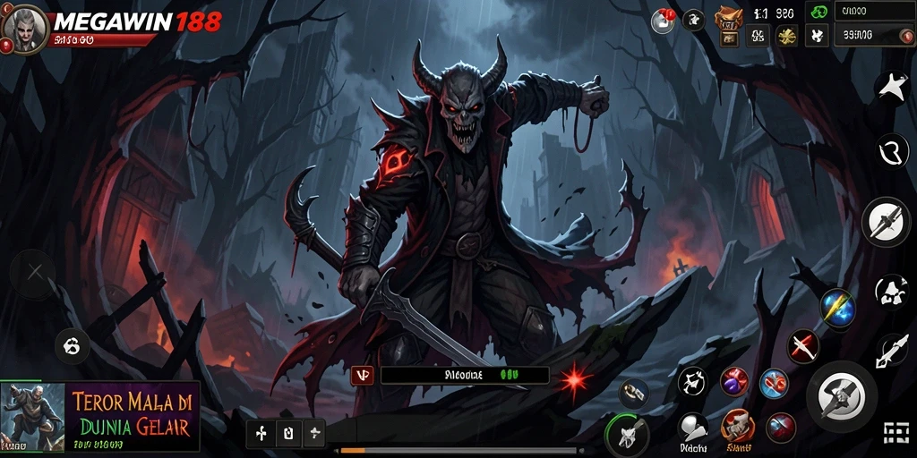 Screenshot gameplay menampilkan momen menegangkan di dunia gelap.