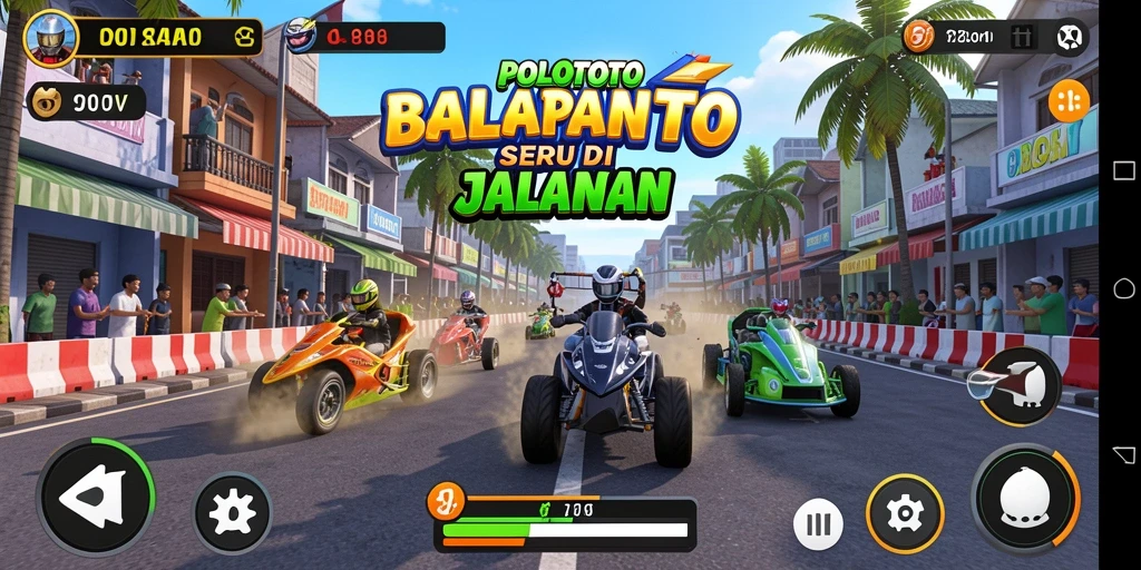 Screenshot gameplay POLOTOTO menampilkan balapan seru di jalanan.