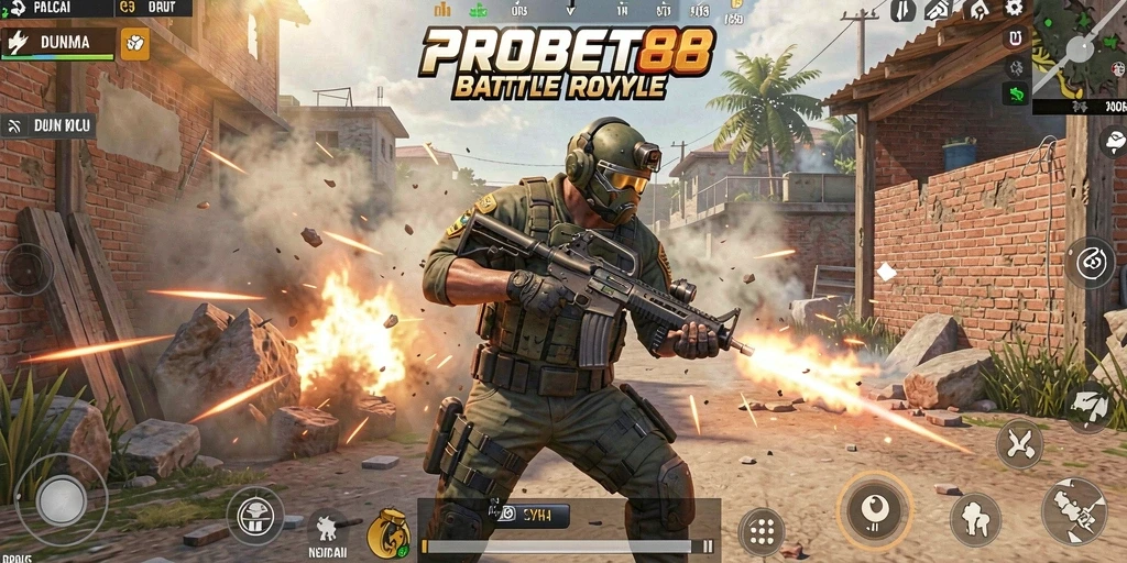 Screenshot utama PROBET88 menunjukkan aksi mendebarkan dalam pertempuran Battle Royale.