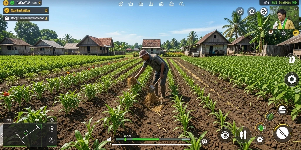Screenshot utama RAKYATJP menampilkan petani sedang merawat tanaman di kebun.