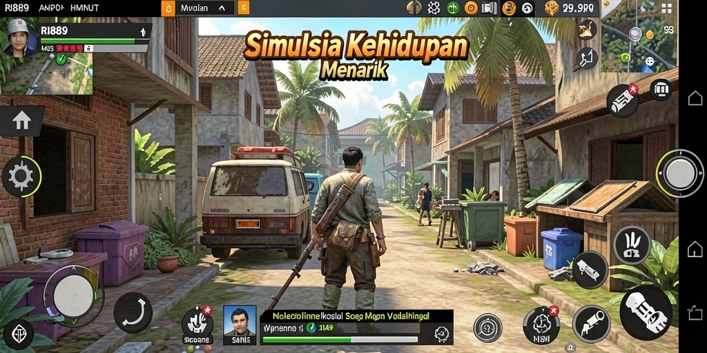 Screenshot gameplay menunjukkan interaksi dan aktivitas dalam game Simulator.